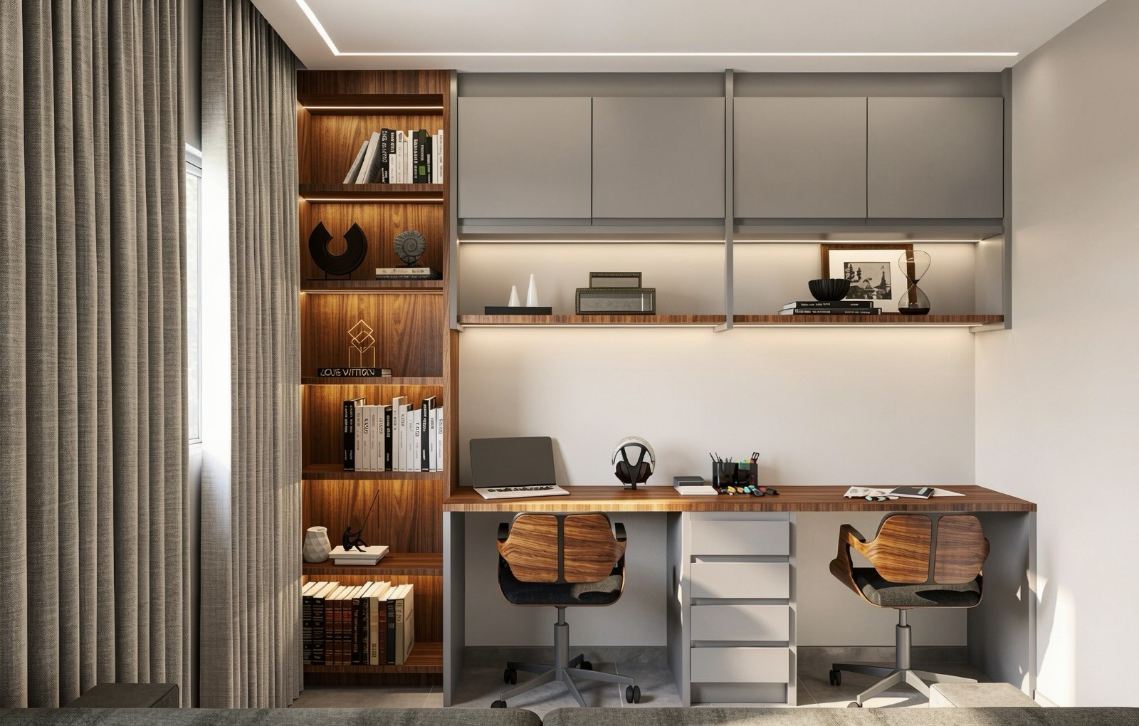 Home office para duas pessoas com bancada em madeira e estante iluminada