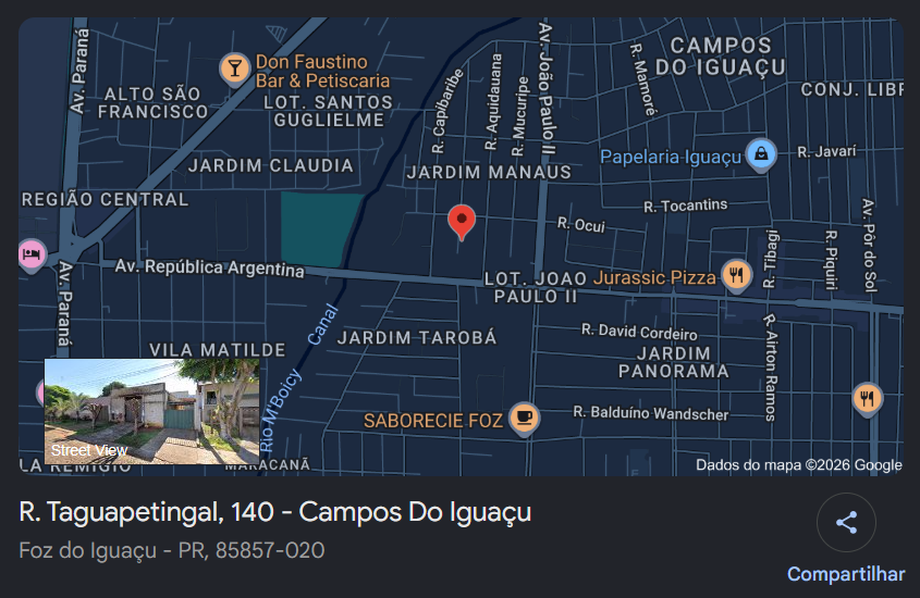 Mapa fornecido da localização na Rua Taguapetingal, 140, em Foz do Iguaçu, com indicação do endereço