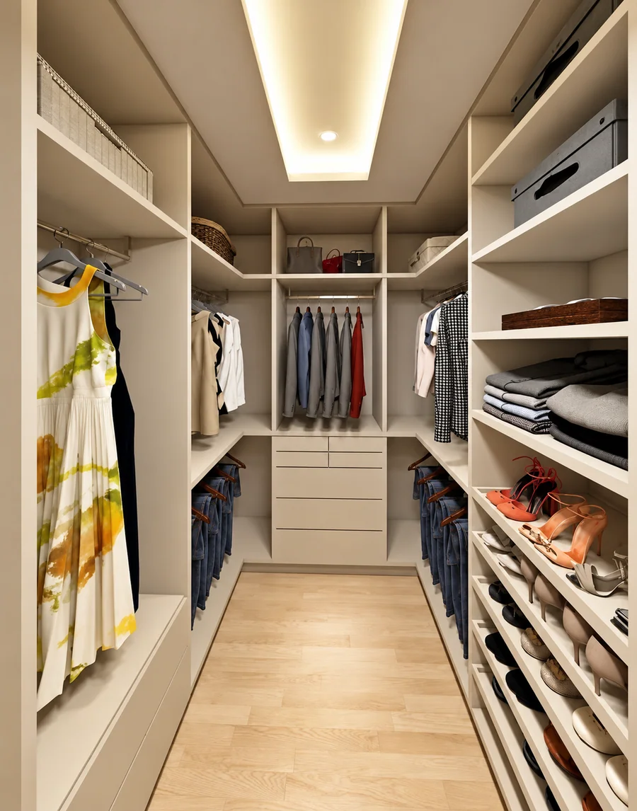 Closet planejado claro com prateleiras, gavetas e cabideiros dos dois lados