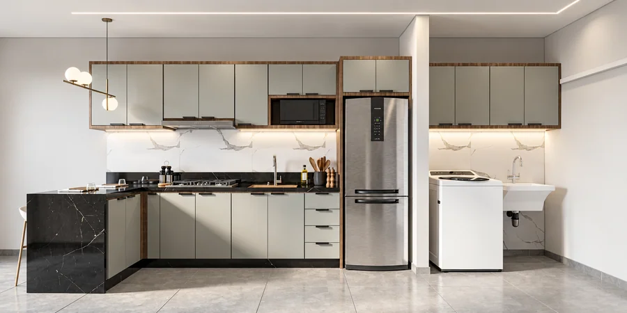 Vista frontal de cozinha com península e lavanderia integrada ao lado